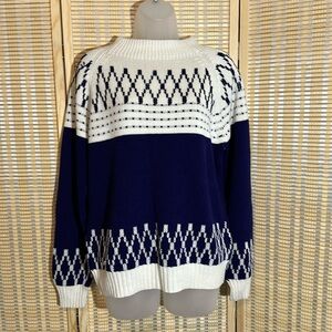 JC Penney Vintage 1970s Blue White Striped Mock Turtleneck Knit Sweater Medium
